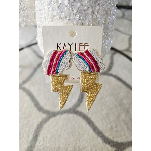 Kay Lee Cloud Lightning Beaded Earrings New - Picture 2 of 4